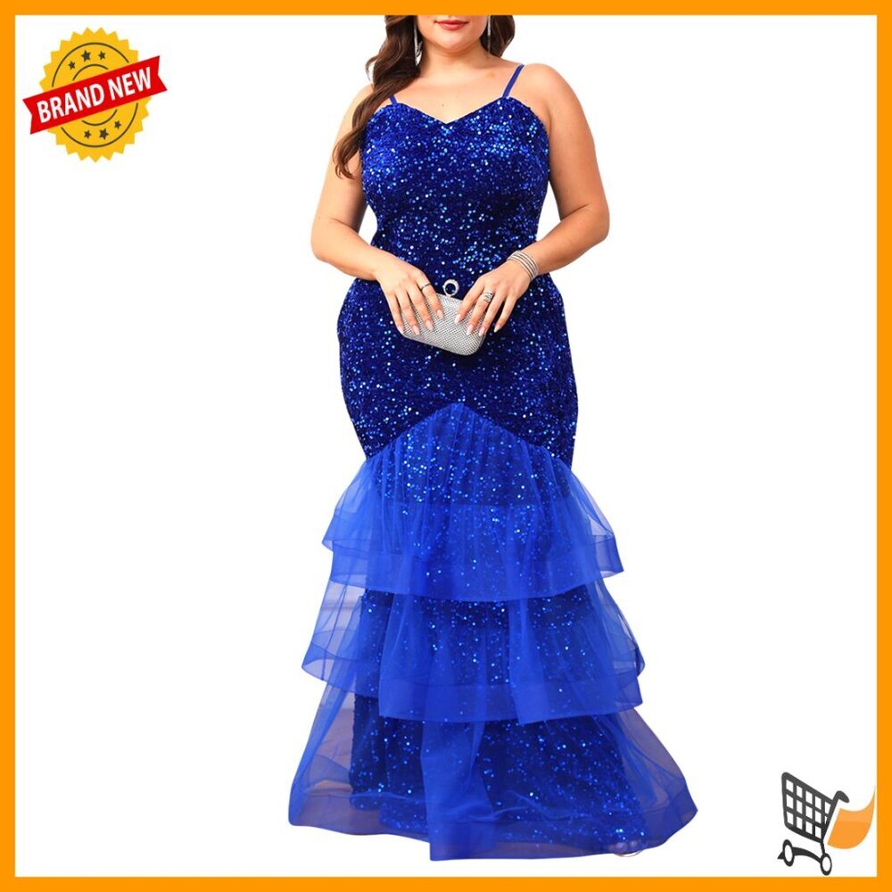 Plus Size Sequin Mesh Mermaid Maxi Dress Sleeveless Formal Party Gown